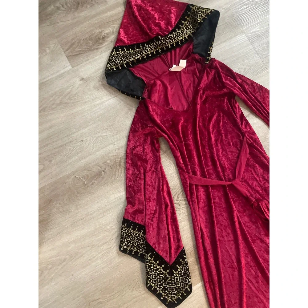Vintage Deceptions by Disguise Burgundy Medieval Hooded Velvet Dress Jr 9